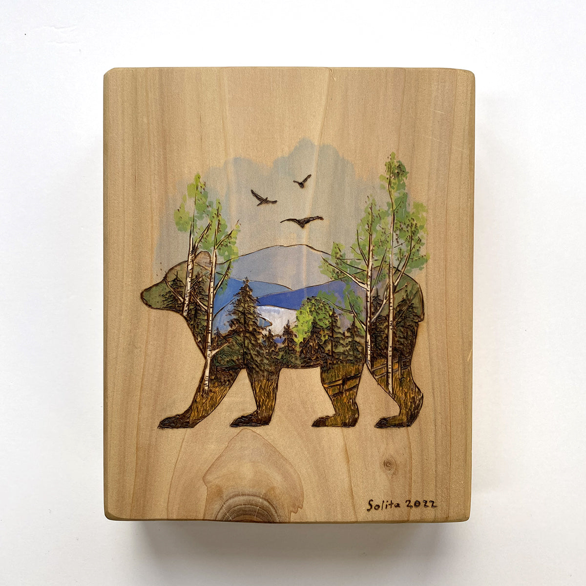 Original wood burned and hand painted art featuring landscape of scene of Mount Sentinel inside a bear