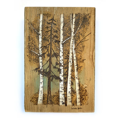 Wood burned art, birch trees