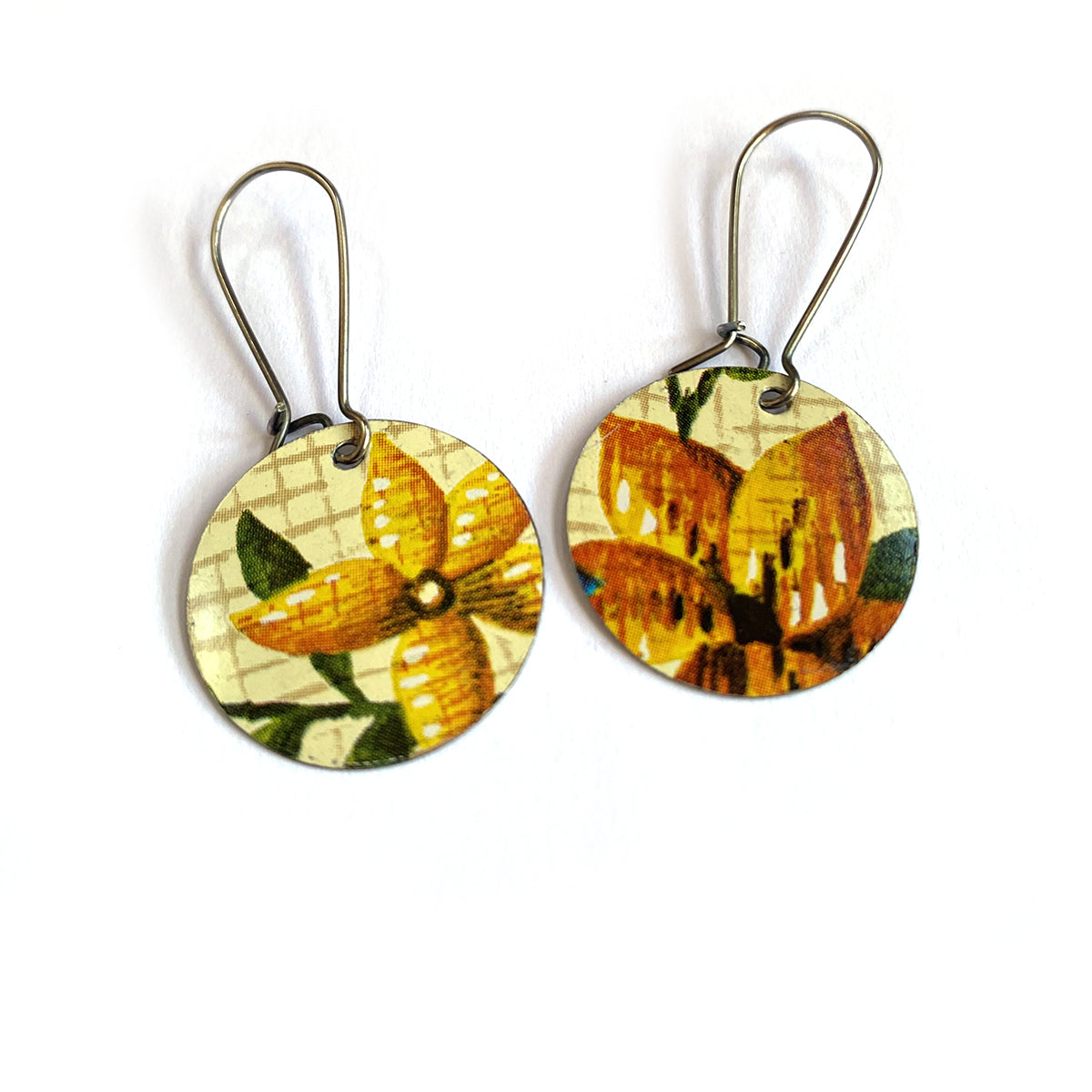 Recycled Tin Earrings with floral pattern