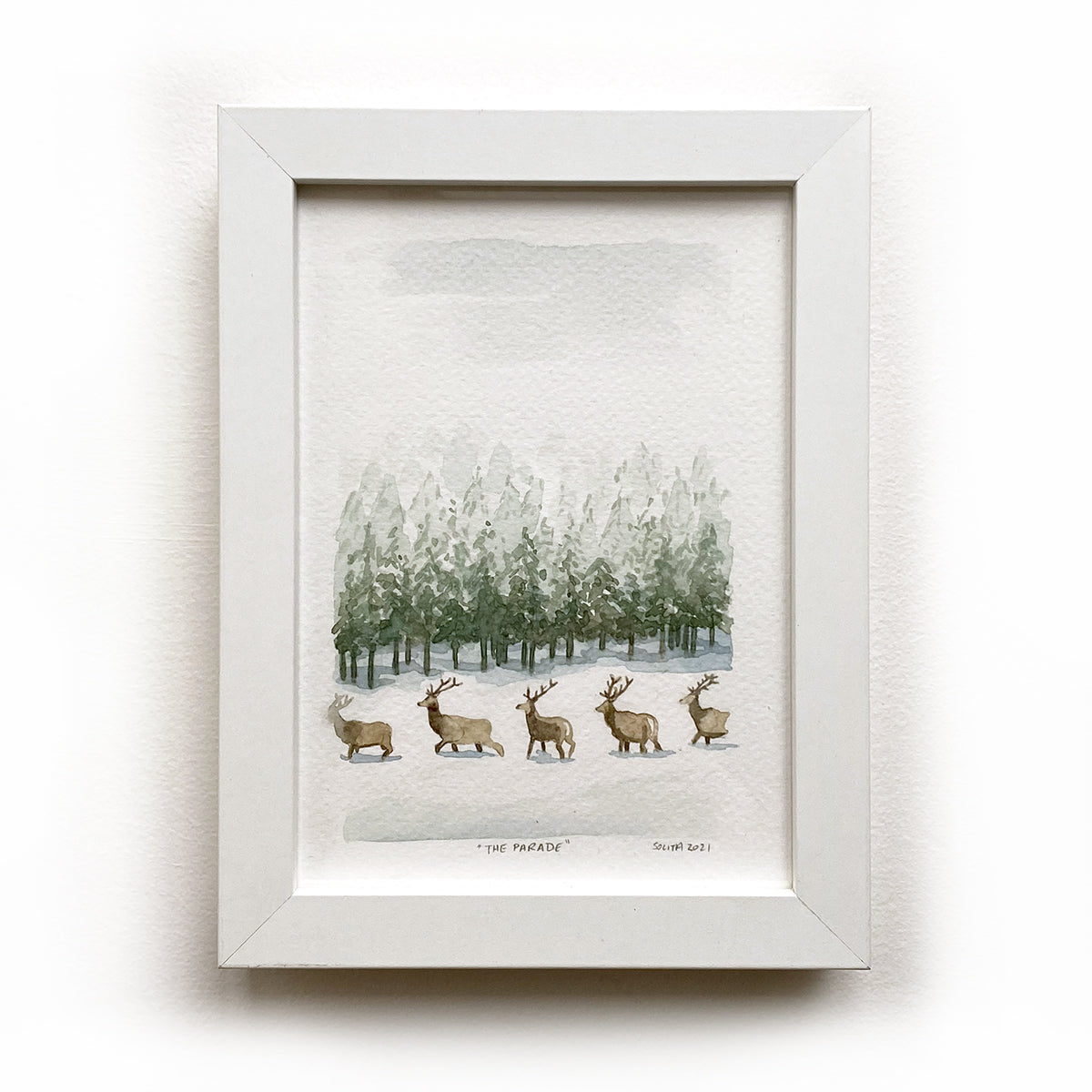 watercolour painting of elk parading through a snowy field