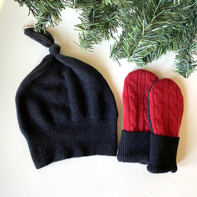 Cashmere baby mitts and toque in black and red