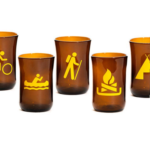recycled beer bottle tumblers printed with camping themes