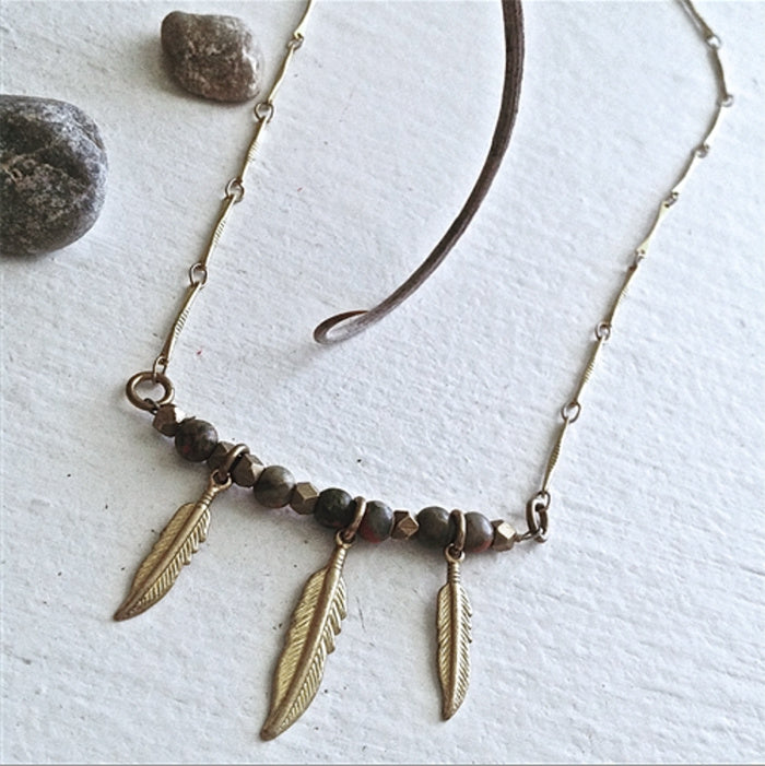 Tiny Brass Feather and Bead Necklace