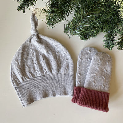 Cashmere baby mitts and toque in grey and burgundy