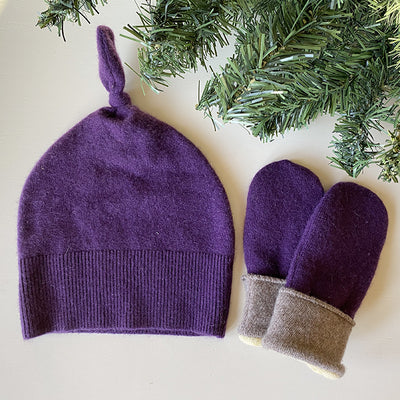 Cashmere baby mitts and toque in purplee and grey