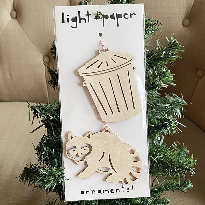 Wood Trash Panda Ornament Set